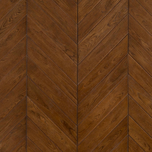 Chevron 45° wood floor in Oak: smoked, aged effect, hand carved, stained, varnished.