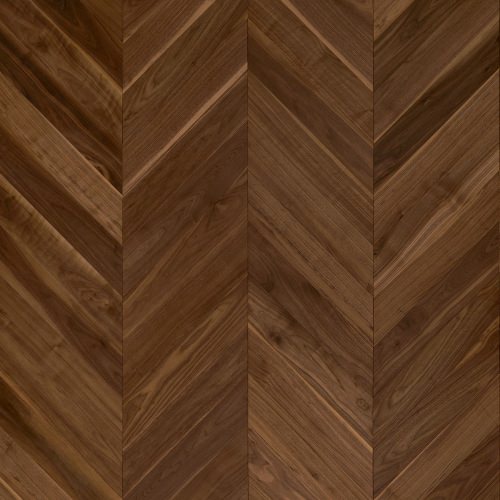 Chevron 45° wood floor in American Walnut: sanded, varnished.