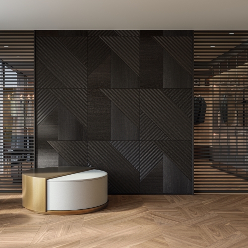 Modular boiserie Tribeca 3D, is a contemporary wood cladding with three-dimensional effect.