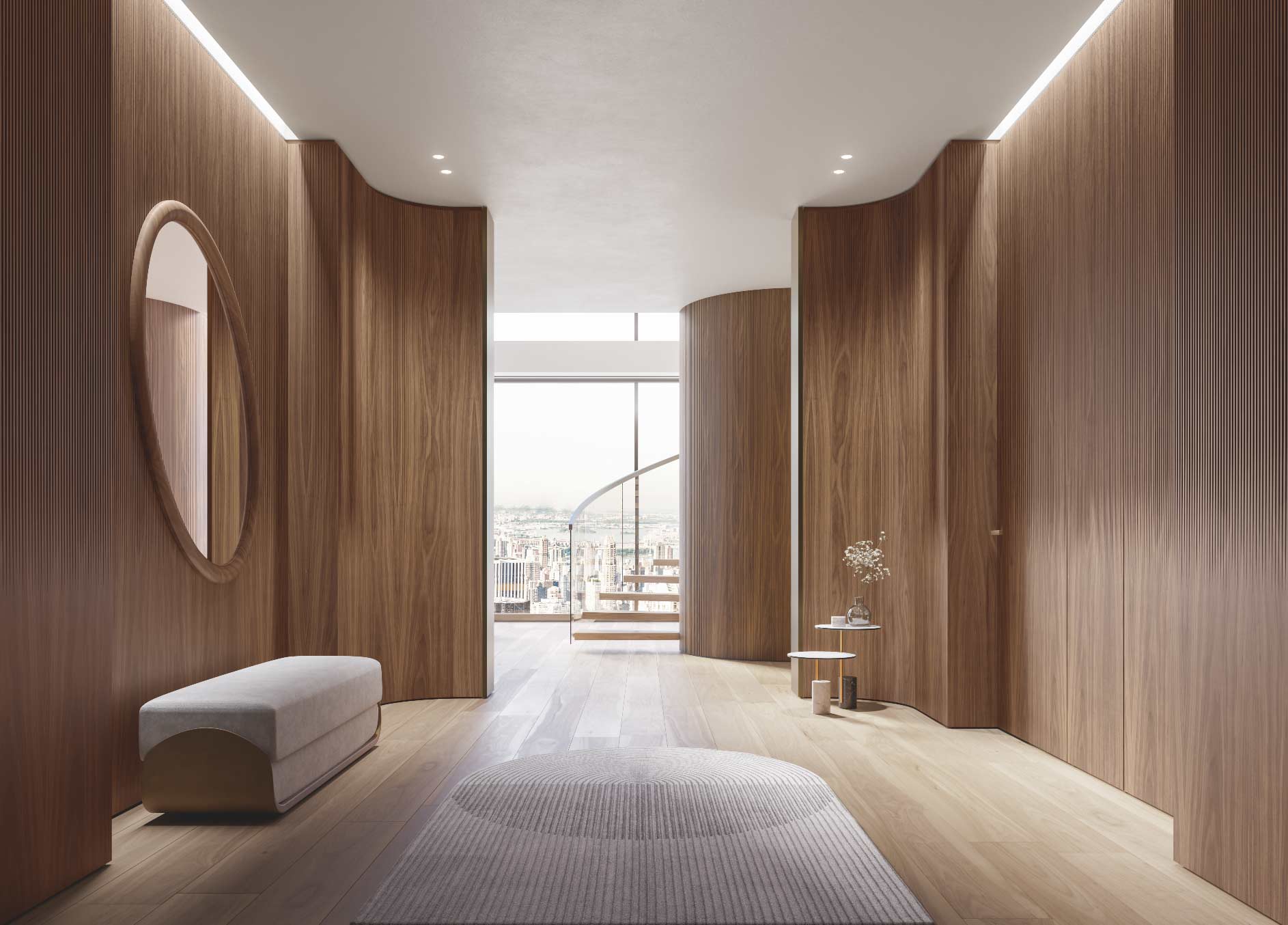 Room featuring curved Code 3D wood panelling, characterised by the Shade 3D fluting that gradually becomes less pronounced from the top to the bottom.