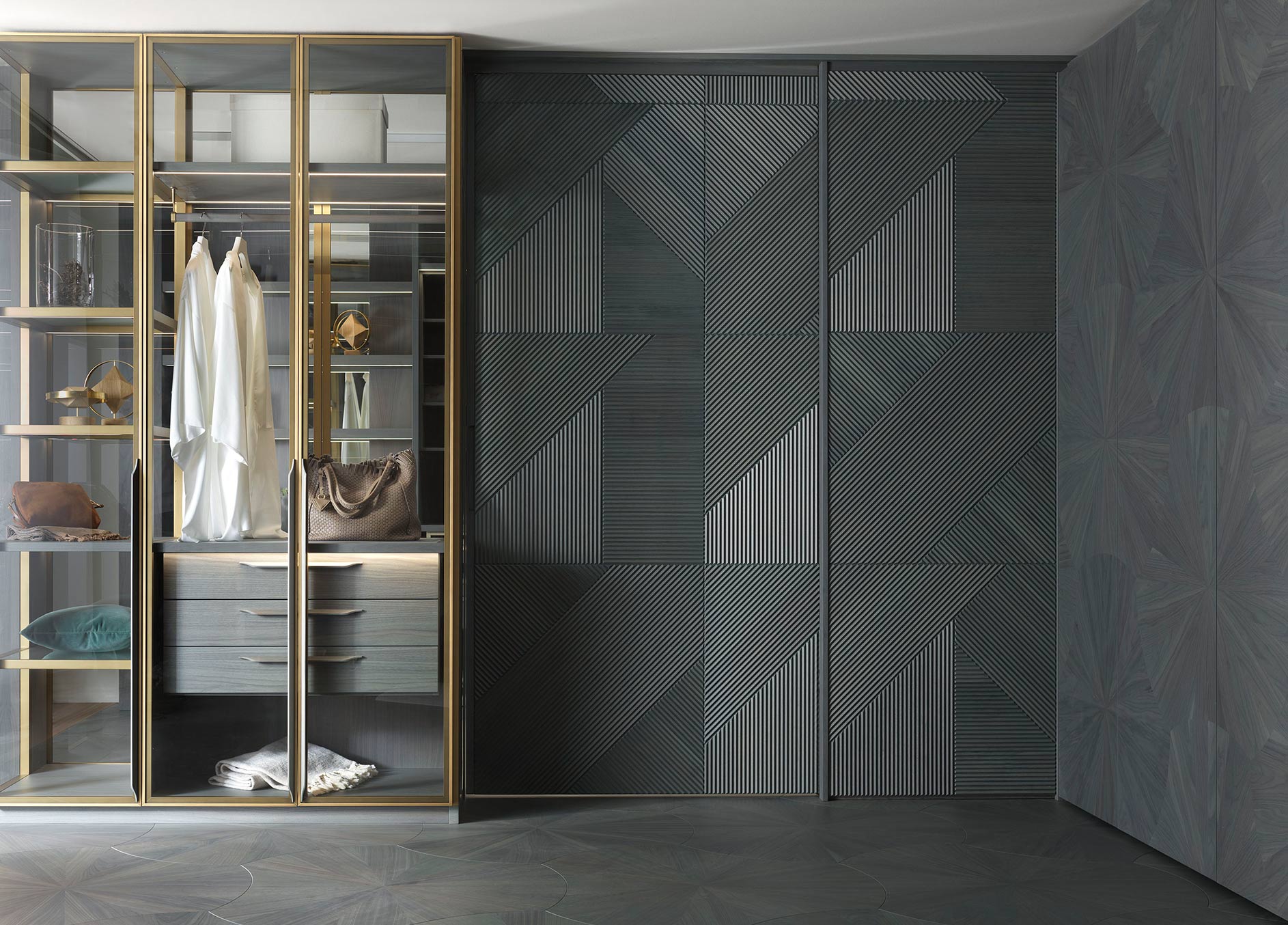 Walk-in wardrobe with a closed sliding door clad in Tribeca 3D panelling in a Colorsense Sky Blue finish, integrated into a continuous geometric composition.