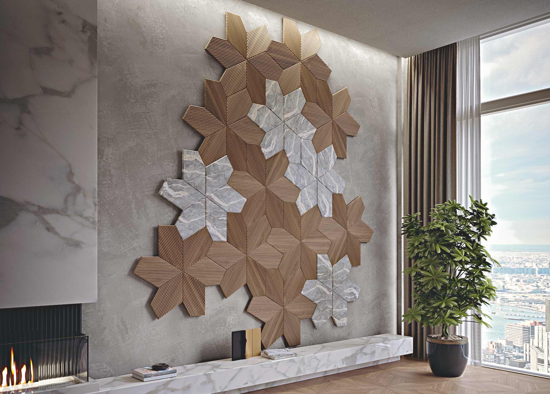 Revêtement mural Azalea de Foglie d’Oro - composée de modules floraux tridimensionnels en bois fraisé et en marbre clair - posé dans un salon doté d’une cheminée et d’une baie vitrée panoramique.
