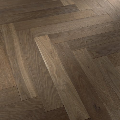 Herringbone 90° wood floor in Oak: smoked, brushed, stained, varnished.